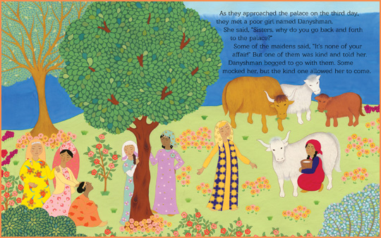 sample page spread from the book “The Clever Wife: A Kyrgyz Folktale”, retold by Rukhsana Khan and illustrated by Ayesha Gamiet