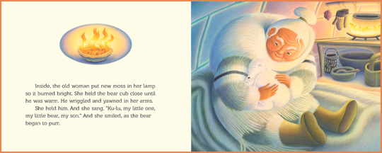 a sample spread from the book “Little Bear: An Inuit Folktale”, written by Dawn Casey and illustrated by Amanda Hall