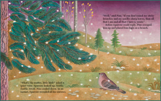 Pages 20-11 from the book “Pine and the Winter Sparrow”, written by Alexis York Lumbard and illustrated by Beatriz Vidal