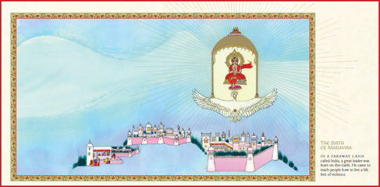 Pages 2-3 from the book “Mahavira: The Hero of Non-violence”, written by Manoj Jain and illustrated by Demi
