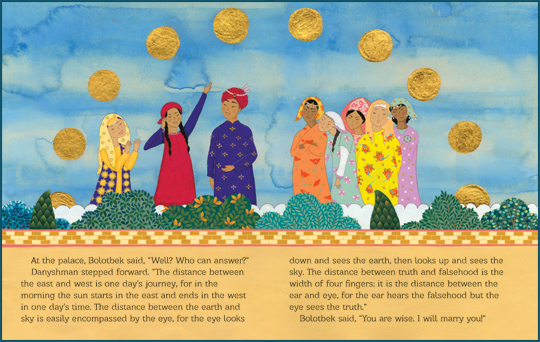 a sample page-spread from the book “The Clever Wife: A Kyrgyz Folktale”, by Rukhsana Khan and Ayesha Gamiet