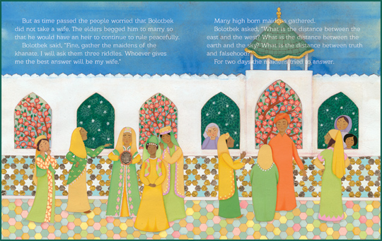 a sample page-spread from the book “The Clever Wife: A Kyrgyz Folktale”, written by Rukhsana Khan and illustrated by Ayesha Gamiet